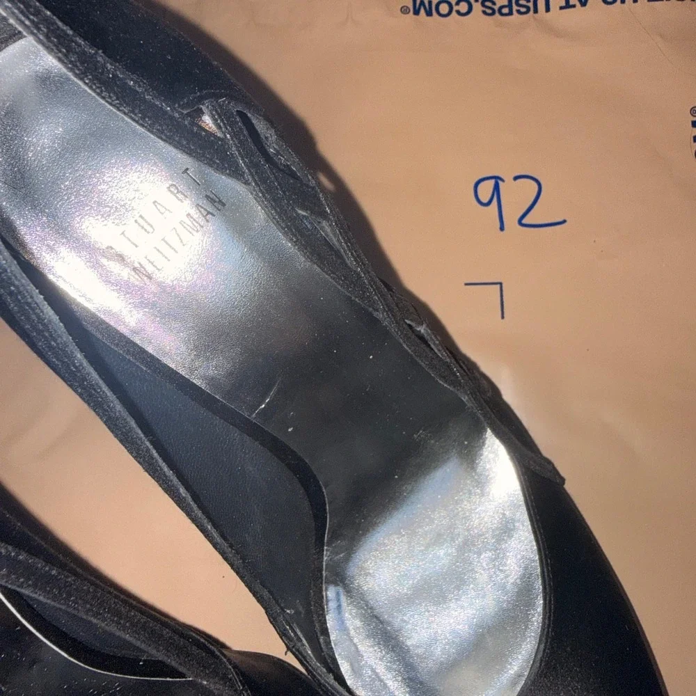Stuart Weitzman Black Satin Peep Toe Pumps Glitter Lattice Heels Made in Spain 7